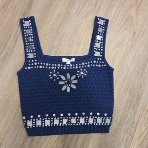 J. Crew Dark Blue Embellished Crotchet Crop Top Size Small